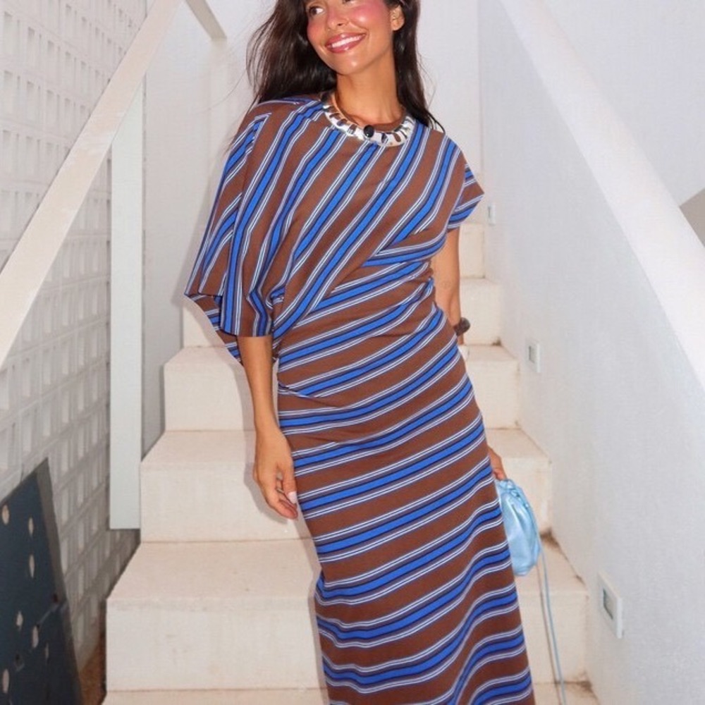 Zara Studio Striped Asymmetrical Draped Midi Dress Brown Blue 6085/910 Small